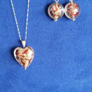 Gold and red glass necklace with earrings